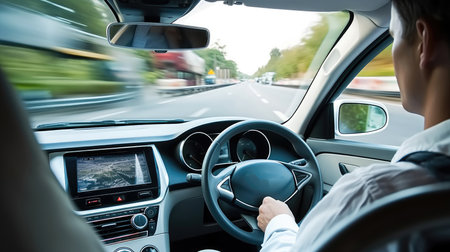 Man in self driving car on road.の素材