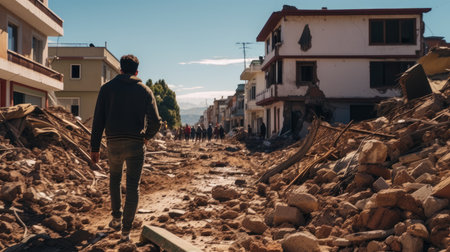 People on the streets after earthquake with debris of buildings.の素材