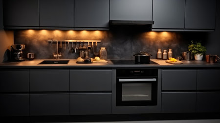 Luxury black kitchen with a stove top oven.の素材