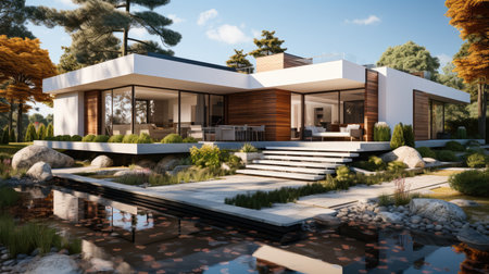 Modern minimalist single house with a garden in front of the house.の素材
