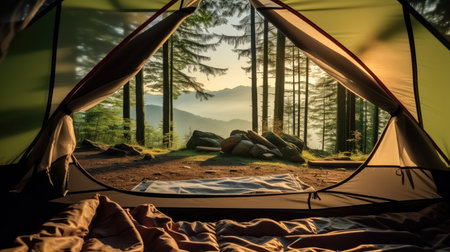 View from inside the tent, Camping tent with nature view.の素材