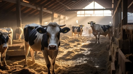 Cows are standing inside cowshed.の素材