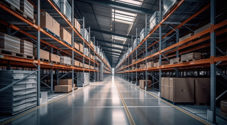 Logistics, Rows of shelves with boxes at large warehouse with numerous items, Inventory control, Order fulfillment or space optimization.の素材