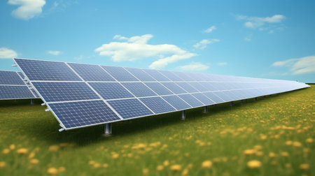 Solar panels on green field at solar farm station.の素材