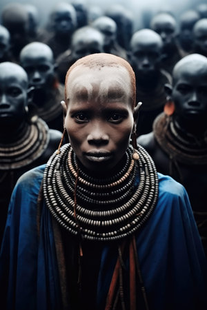 Tribe, Ancient tribe of men in native costumes and characteristic jewelry of their community.の素材