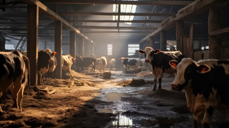 Cows standing inside cowshed at large village cowshed.の素材
