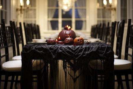 Beautiful decoration for halloween, Black dining table and chairs.の素材