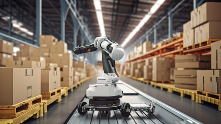 Automated Robot Carriers And Robotic Arm In Smart Distribution Warehouse.の素材