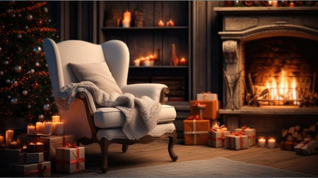 Christmas Home Decor, Cozy chair by a warm fireplace, Christmas holidays.の素材