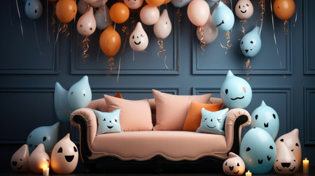 Cute halloween pastel color themed backdrop. Balloon, Halloween decoration.の素材