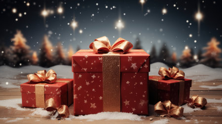 Christmas space banner with red gift box.の素材