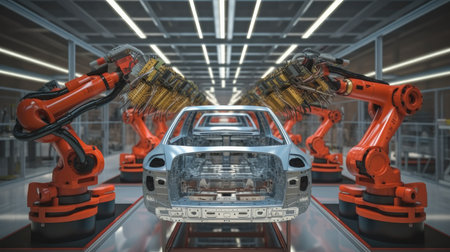 Car Industry, Digital generated welding robots with car body on production line in car factory.の素材