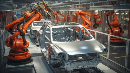 Car Industry, Digital generated welding robots with car body on production line in car factory.の素材