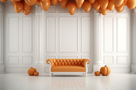 Empty room with sofa and there are balloons floating above, White background, Halloween party setting.の素材
