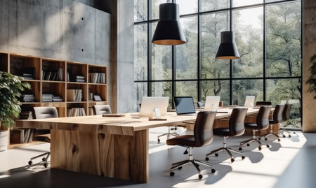 Modern work office with wooden deck in a clean and bright environment.の素材