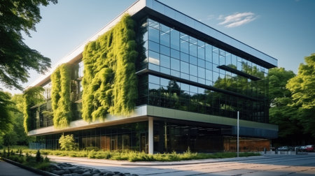 Sustainable glass office building with tree for reducing carbon dioxide, Office building with green environment.の素材