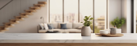 Empty space on a tabletop with modern living room in the background, Banner.の素材