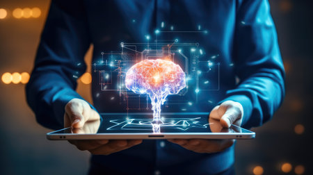 Digital data and internet computer social concept, Hand using tablet and human brain head up display network technology for global communication background.の素材