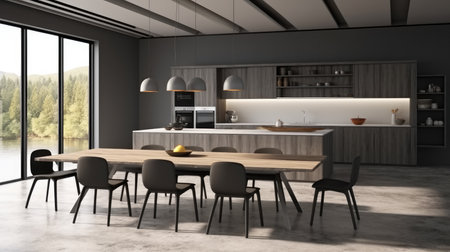 Modern kitchen corner with island and dining table.の素材