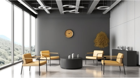 Waiting room interior with armchairs and tables at modern office.の素材