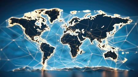 Global map on blue background, Digital illustration.の素材
