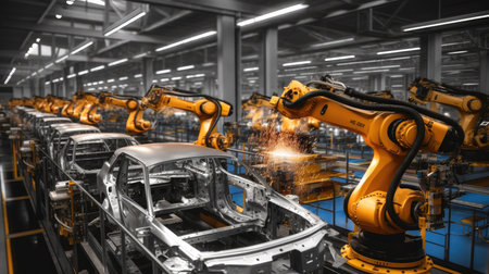 Car Industry, Digital generated welding robots with car body on production line in car factory.の素材