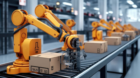 Smart Warehouse With Robot Arm Putting Cardboard Boxes.の素材