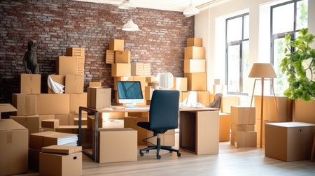 Office filled with cardboard boxes, Moving day.の素材