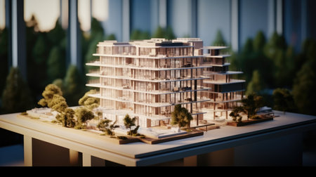 Architectural Model, Modern apartment building scale model on the table in architect office, 3d rendering.の素材