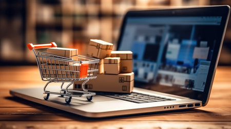 Online shopping, Shopping Cart on Laptop,の素材