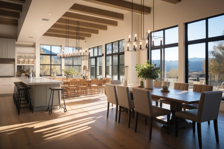 Modern kitchen farmhouse style, Tables and chairs with bar.の素材