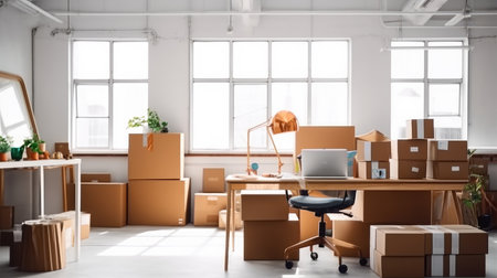 Cardboard boxes at new modern workplaces, Office on moving day.の素材