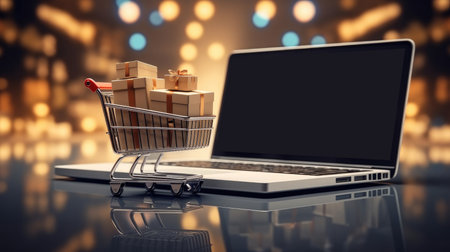 Online shopping, Shopping Cart on Laptop,の素材