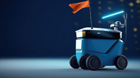 Robot courier delivering parcel on blue backdrop background in studio, Freight transport concept, Business technology and innovation.の素材