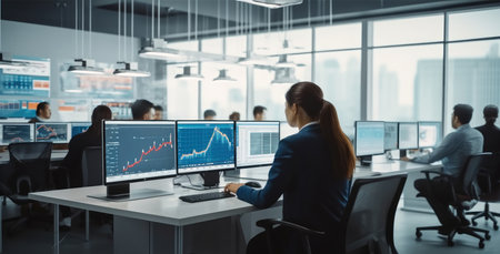 Scientists Analyzing Information And Graphs On Big Digital Screen In Modern Monitoring Office.の素材