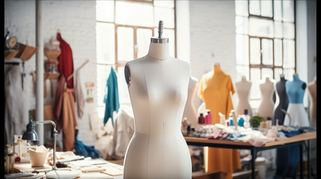 Dummy mannequin with fashion dress in the tailor shop, design, Dressmaking concept.の素材