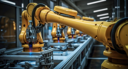 Robot arms machine in intelligent factory industrial on monitoring system software.の素材