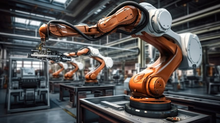 Robotic arm in assembly manufacturing factory.の素材
