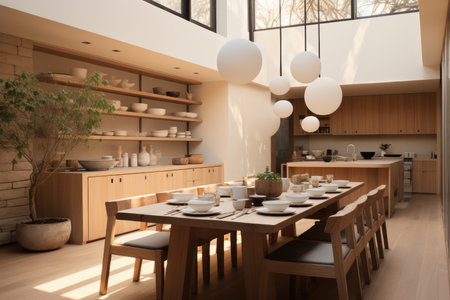 The kitchen and dining room are open and spacious in modern house.の素材