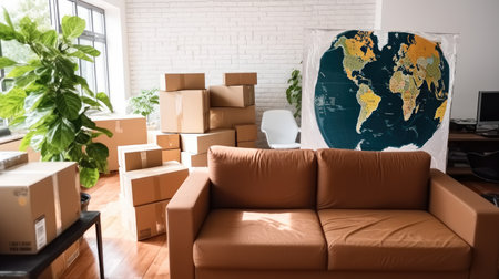 Stack of cardboard boxes with sofa in living room at new house, Moving day.の素材