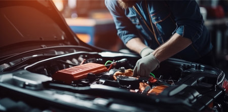 Technician of car mechanic are working in auto repair, Service electric battery and maintenance of car battery.の素材