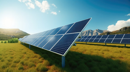 Solar power station with solar panels for producing electric power energy by green power.の素材