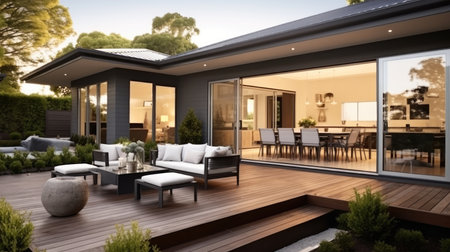 Modern home, There is dining area and lawn that are perfect for outdoor entertaining.の素材