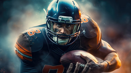 American football player, Sportsman with ball in helmet on stadium, Sport and motivation.の素材