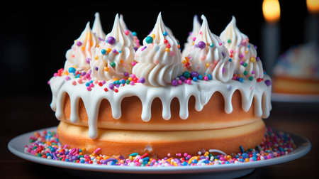 Vanilla buttercream Birthday cake with colorful sprinkles over a neutral background.の素材