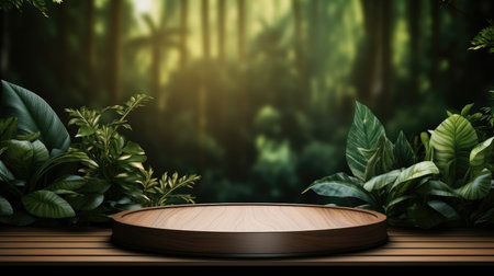 Wooden podium for product display and presentation with leaves and trees background.の素材
