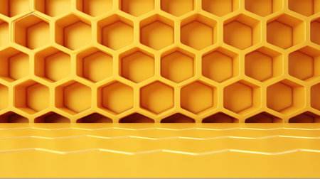 3d render studio with geometric shapes, podium on the floor Yellow honeycomb background, Platforms for product presentation, Mock up background.の素材