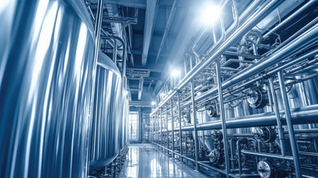 Large tanks in modern beer factory, Pipes stainless steel brewing equipment.の素材