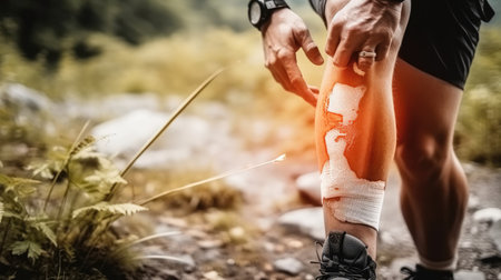 Runner Knee pain in the woods on trail with muscle strain and emergency.の素材