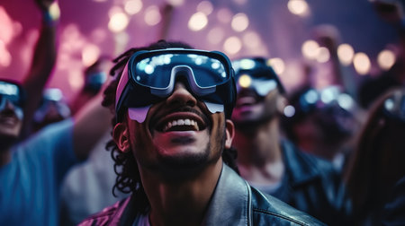 Male With Vr Glasses, Man wearing virtual reality headset surrounding at Concert Festival.の素材